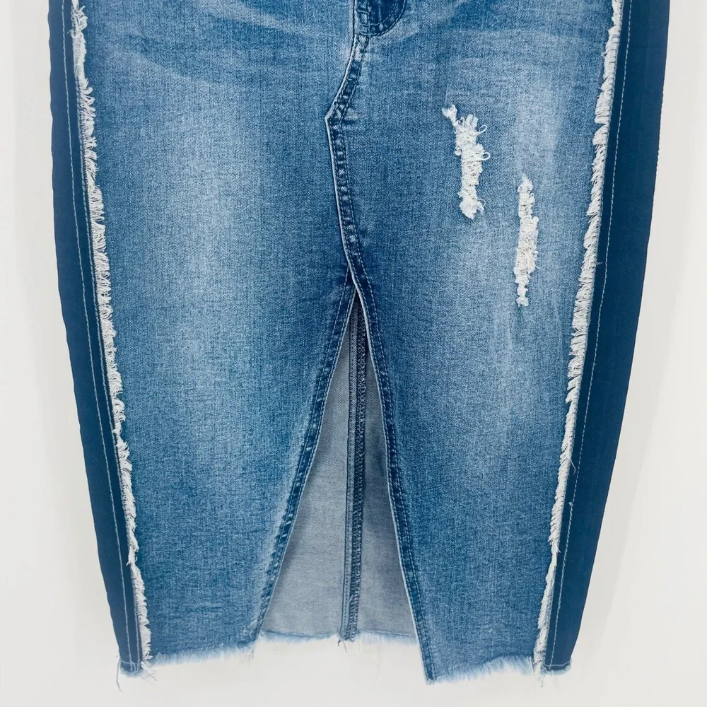LITZ Denim Two Tone Distressed Midi Skirt Blue Frayed Side Stripe size S‎ Y2K